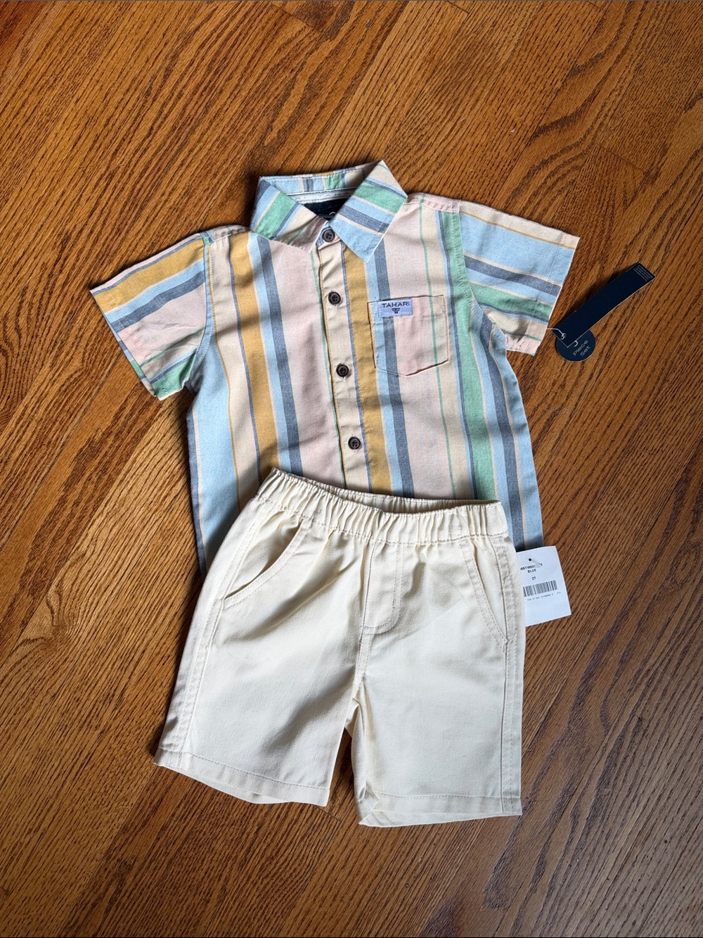 Tahari Boys Pastel Stripe Shirt & Cream Shorts Matching Set